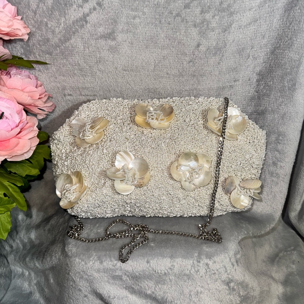 Handcrafted Beaded Floral Shell Clutch - White/Cream Crossbody Bag